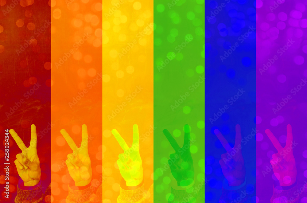 LGBT gesture freedom on colorful blurred background with natural bokeh light balls. abstract symbol backdrop - Image
