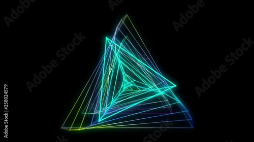 Glowing triangular 3D UI element. Illuminated geometric triangle and pyramid shapes transforming in a seamless loop. photo