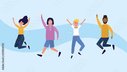 university women and men jumping with casual clothes