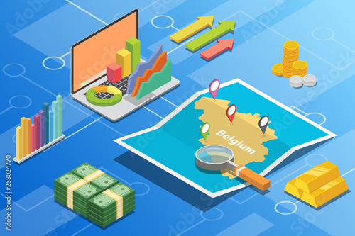 belgium isometric business economy growth country with map and finance condition - vector