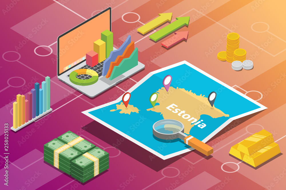 estonia isometric business economy growth country with map and finance condition - vector