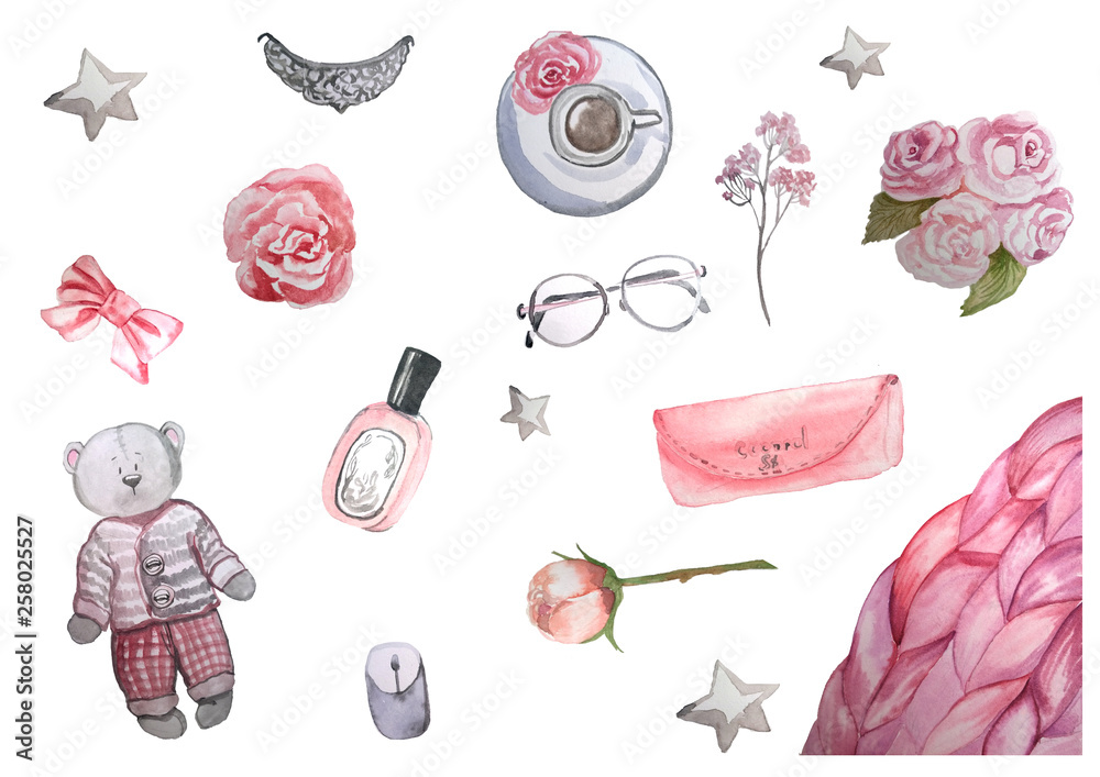 set of watercolor elements, glasses, bear, clutch, cup of coffee, flowers - obrazy, fototapety, plakaty 