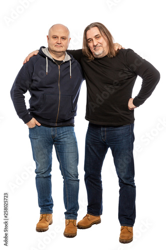 Friends of middle-aged men together, full length. Isolated on a white background.