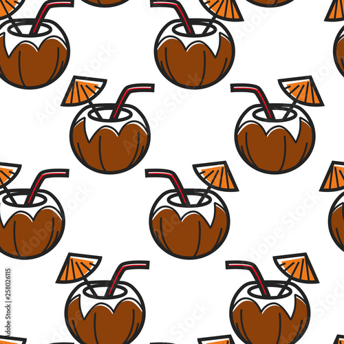 Coconut cocktail with straw and umbrella seamless pattern drink