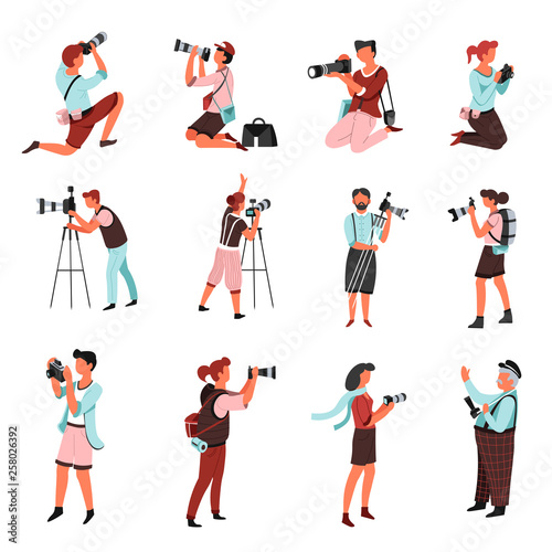 Photographers or men and women with photo camera isolated characters