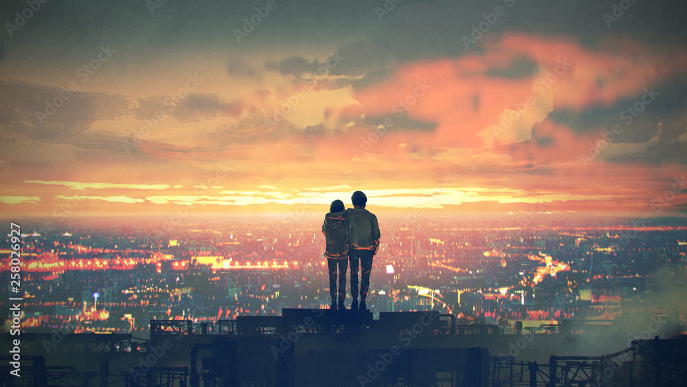 young couple standing on the roof top looking at cityscape at sunset, digital art style, illustration painting - obrazy, fototapety, plakaty 