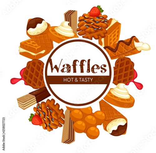 Waffles and ice cream isolated emblem topping and strawberry