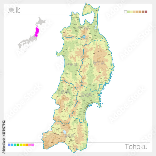 東北の地図・Tohoku（等高線・色分け）