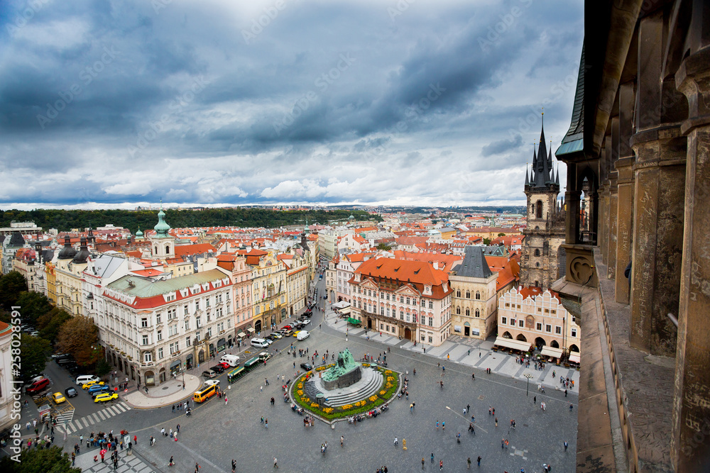 Prague old town square and church seen from the clock tower
