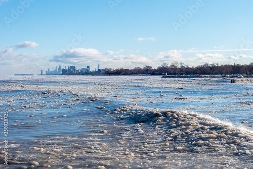 Chicago lakefront and skyline in winter with 20 below temperature