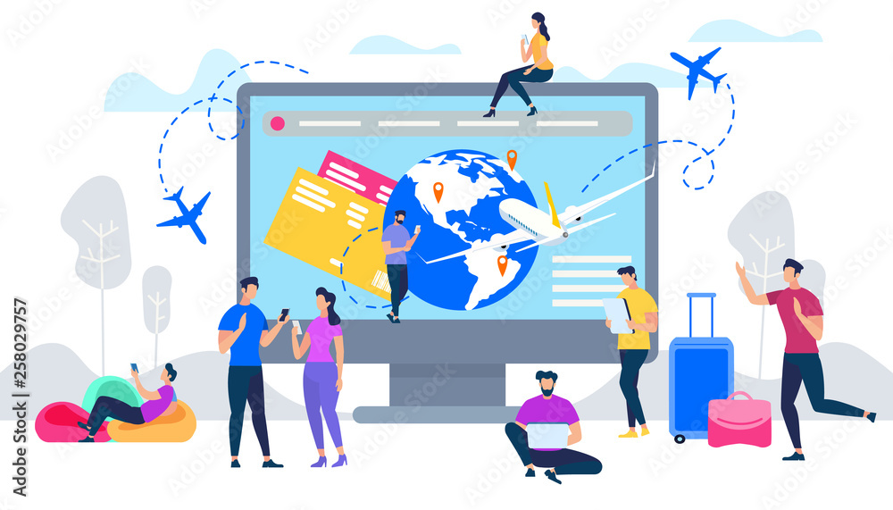 Naklejka premium Booking Flight Tickets Online Flat Vector Concept