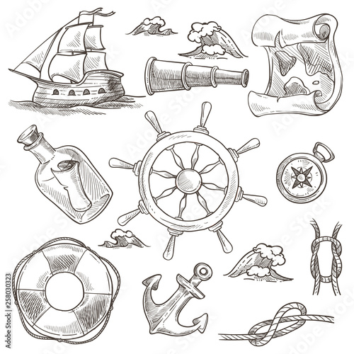 Ship and lifebuoy sea or marine symbols sketches world map and rudder wheel vector isolated compass and rope knots anchor and message in bottle spyglass vessel with sails monochrome drawings