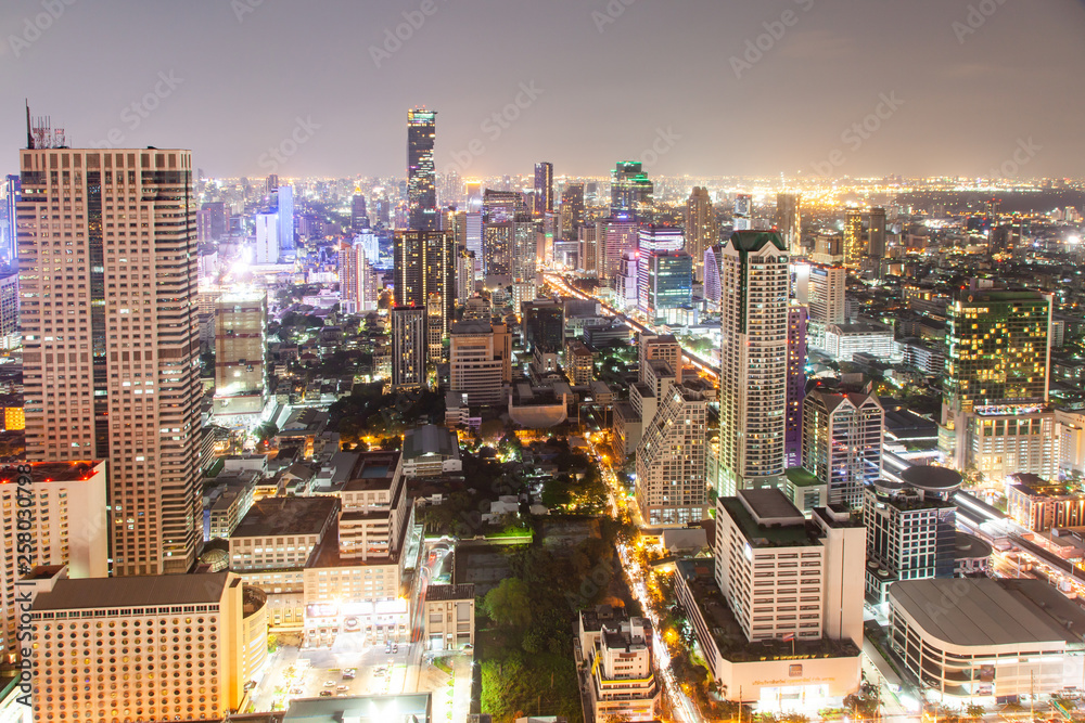 aerial night view of Bangkok City skyscrapers Thailand