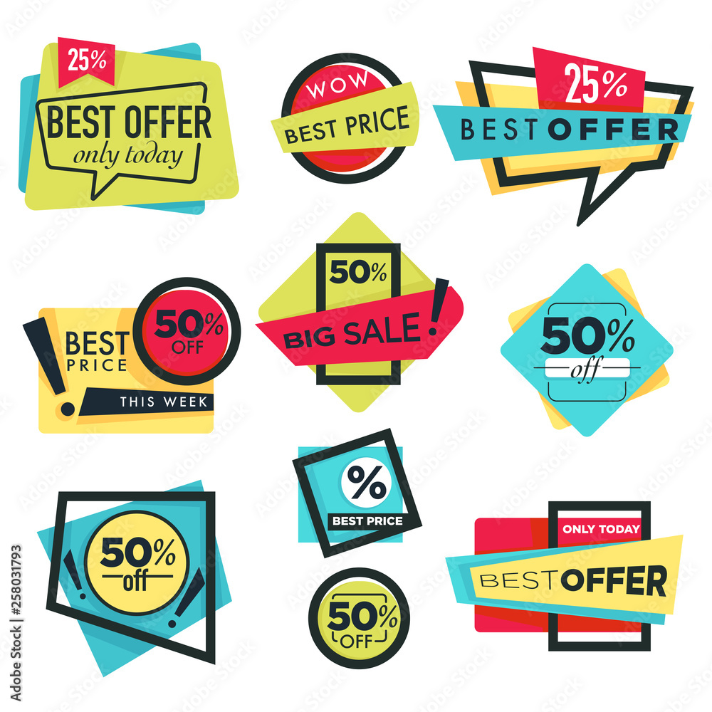 Best offer sale and discount isolated icons 50 off
