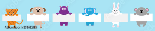 Jaguar cat, elephant, pands, koala, bear, hippo hanging on paper board template set line. Cute cartoon funny character. Kawaii animal. Baby card. Flat design. Blue background.