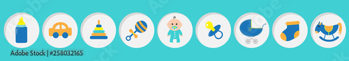 Baby boy shower card with bottle, horse, rattle, pacifier, sock, car toy, baby carriage, pyramid. Its a boy. Round icon set line. Blue background. Flat design