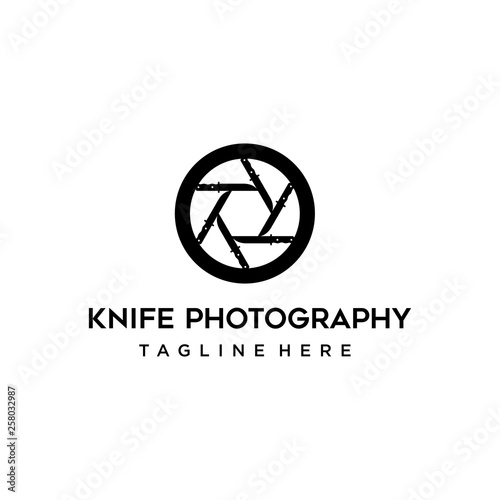 illustration logo combination from knife with camera lens photography logo design concept