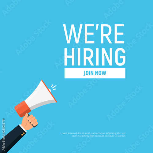 We're hiring design template business banner. Employment recruitment. Businessman holds megaphone. Open vacancy. Vector illustration in flat style.
