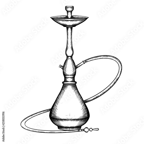 Black and white illustration of hookah with hatching. Vector engraving element for menu, cards and your design.