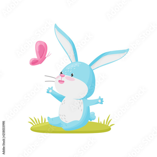 Cute rabbit with butterfly on white background. Vector illustration.