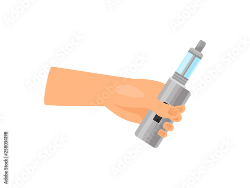 Cartoon hand holding vape. Vaping time and ecigarette.