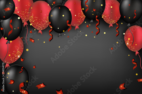 Black Friday party banners.Red and black balloons with sparkles, serpentine, confetti, lights on the dark background. Vector illustrations.