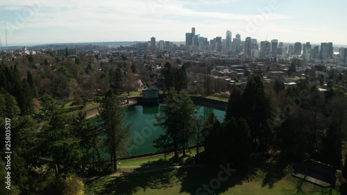 Aerial / drone video of Lake Union, Volunteer Park, Asian Art Museum and downtown Seattle from Capitol Hill and Eastlake photo