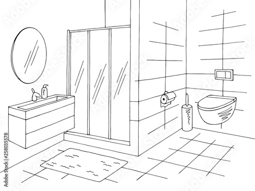 Bathroom graphic home interior black white sketch illustration vector