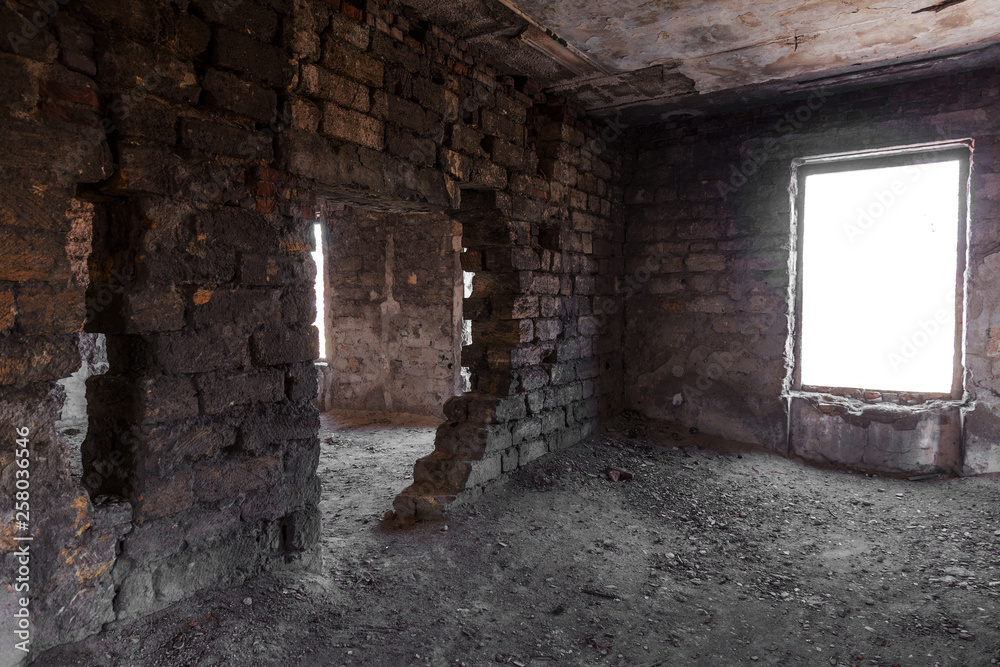 Mystical interior, ruins of an abandoned ruined building of house of culture, theater of USSR. Old destroyed walls, corridor with garbage and dirt. Destroyed molding, plaster ornaments, bas-relief