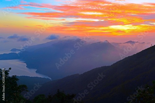 Beautiful view of the mountains and the sky during the sunset on the island of Lantau, Hong Kong