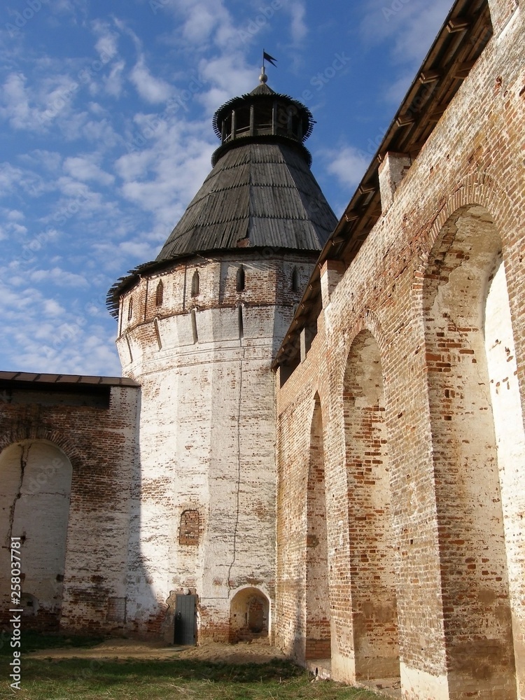 Round tower and Fortress Wall, Boris and Gleb Monastery, Borisoglebsk, Rostov district, Yaroslavl region, Russia