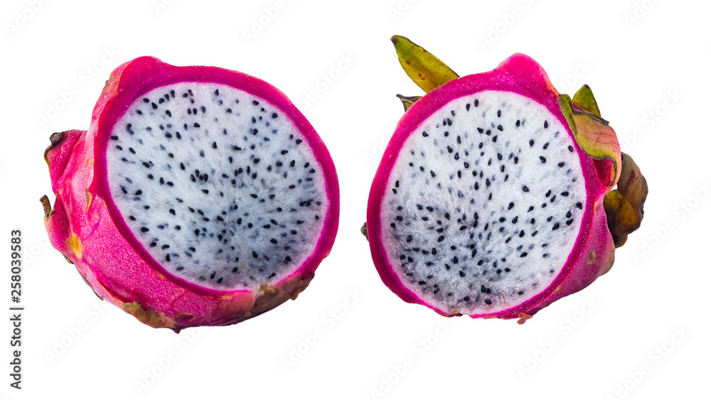 Halves of ripe fresh Pitahaya or Dragon Fruit close-up isolated on white background Halves of ripe fresh Pitahaya or Dragon Fruit close-up isolated on white background