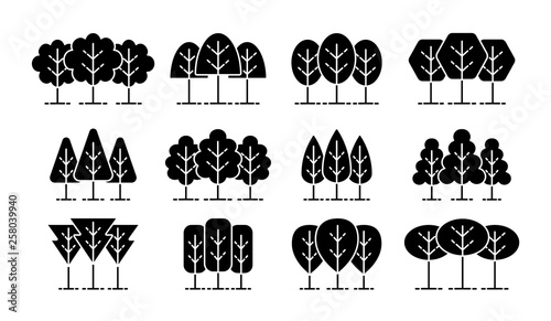 Simple geometric tree symbols. Flat icon set of forest plants. Natural park & garden signs. Isolated object