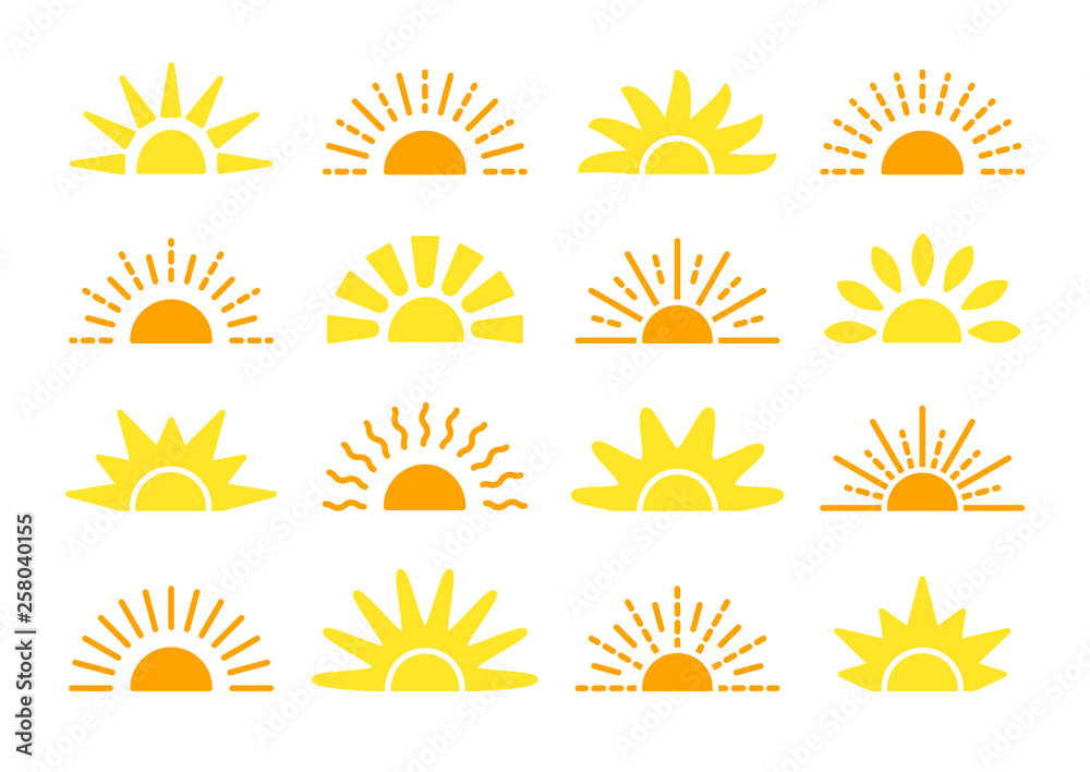 Sunrise & sunset symbol collection. Flat vector icons. Morning sunlight signs. Isolated objects. Yellow sun rise over horison