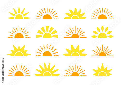 Sunrise & sunset symbol collection. Flat vector icons. Morning sunlight signs. Isolated objects. Yellow sun rise over horison