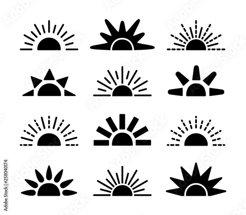 Sunrise & sunset symbol collection. Horison flat vector icons. Morning sunlight signs. Isolated object