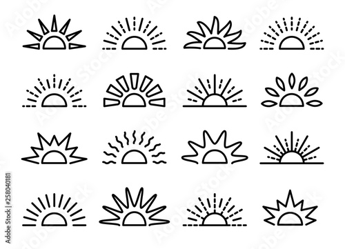 Sunrise & sunset symbol collection. Horison line vector icon set. Morning sun light signs. Isolated object