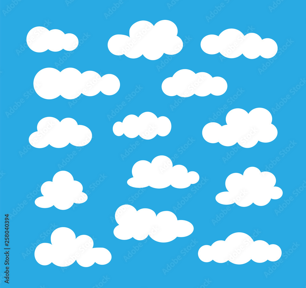 White cloud icon set. Vector flat signs. Sky cloudscape. Isolated objects