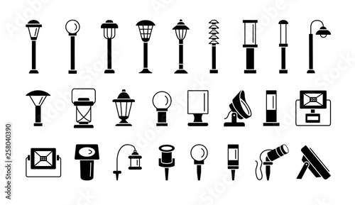 Landscape path lights for patio, deck & yard. Outdoor garden lighting. Vector flat icon set. Isolated objects.