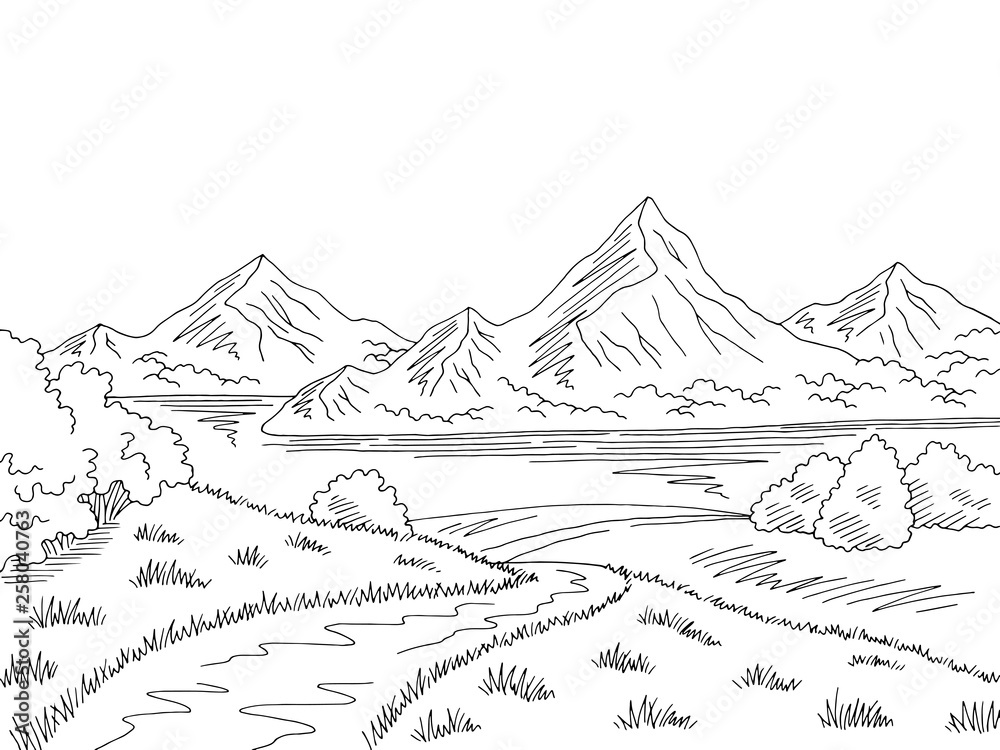 Mountain lake road graphic black white landscape sketch illustration vector  Stock Vector | Adobe Stock