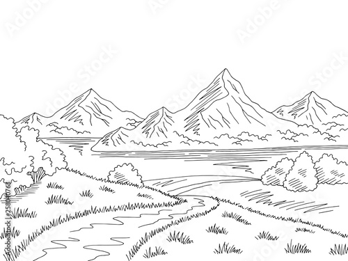 Mountain lake road graphic black white landscape sketch illustration vector