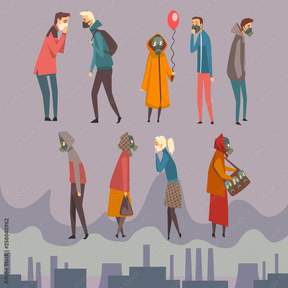 Unhappy Men, Women and Children Wearing Protective Masks Walking in City, People Suffering from Air Pollution, Industrial Smog Vector Illustration