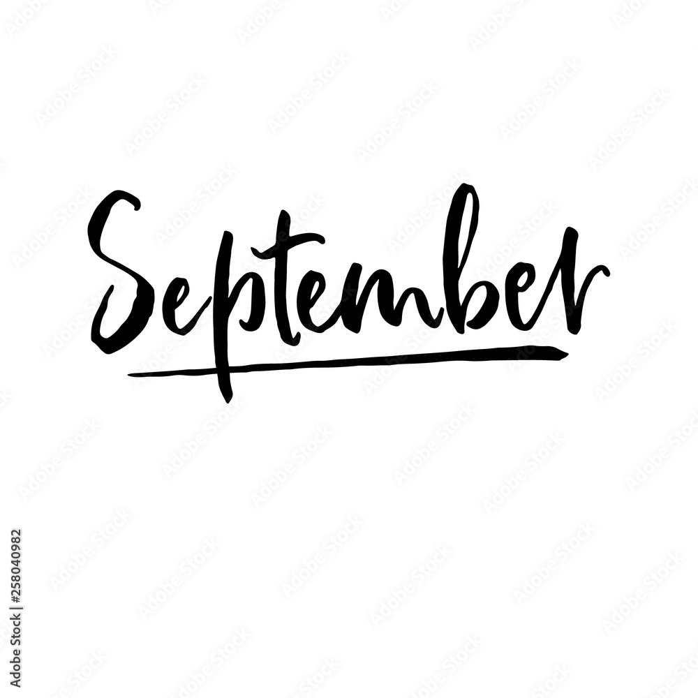 September lettering. Hand drawn vactor word. Ink handwritten text for calendar. Black illustration isolated on white backrground.