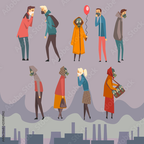 Unhappy Men  Women and Children Wearing Protective Masks Walking in City  People Suffering from Air Pollution  Industrial Smog Vector Illustration