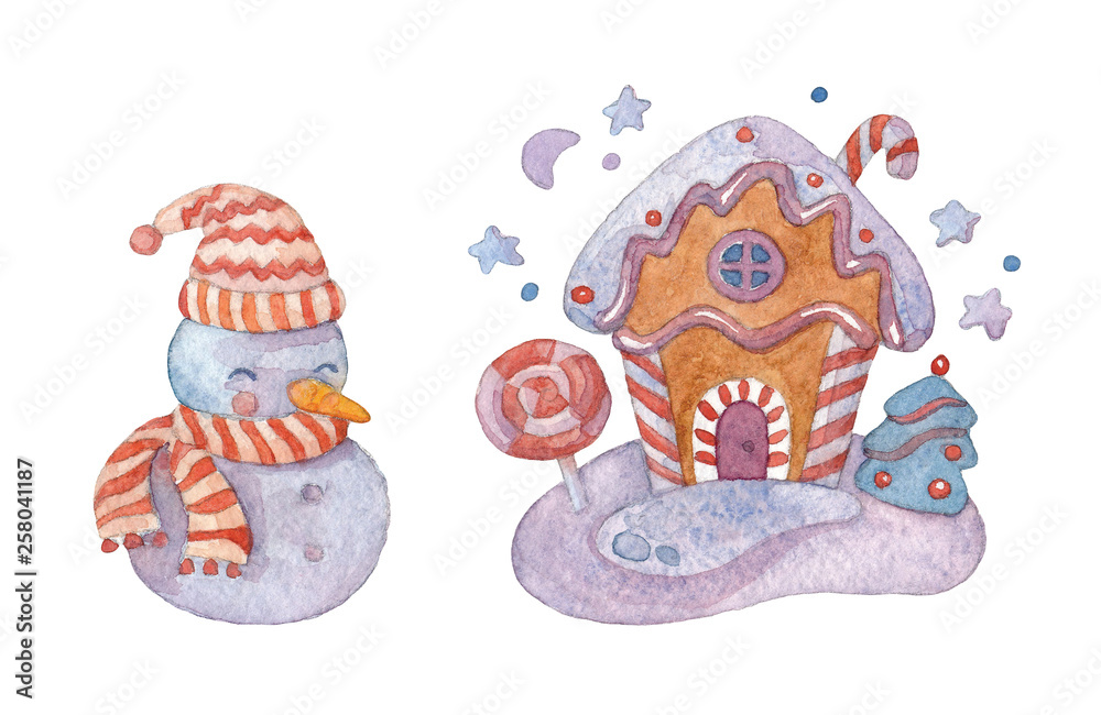 Gingerbread house and snowman. Watercolor illustrations.