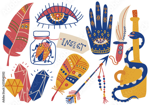 Boho Style Symbols Set, Feather, Palm with Eye, , Eye, Arrow, Dagger, Snake Vector Illustration