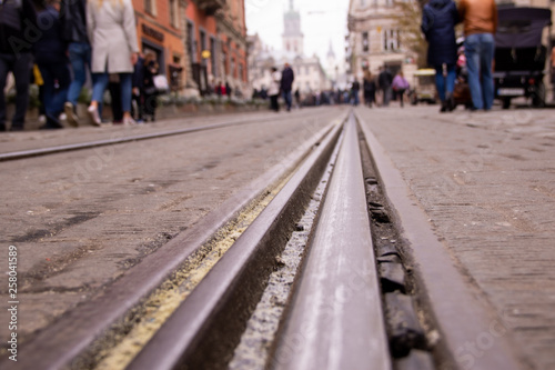The tramway rails in the middle of the old cobblestone in the city © bisa2bisa