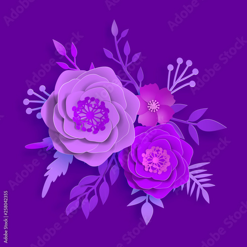 Paper art, summer flowers on a proton purple background with leaves cut of paper. Vector stock illustration