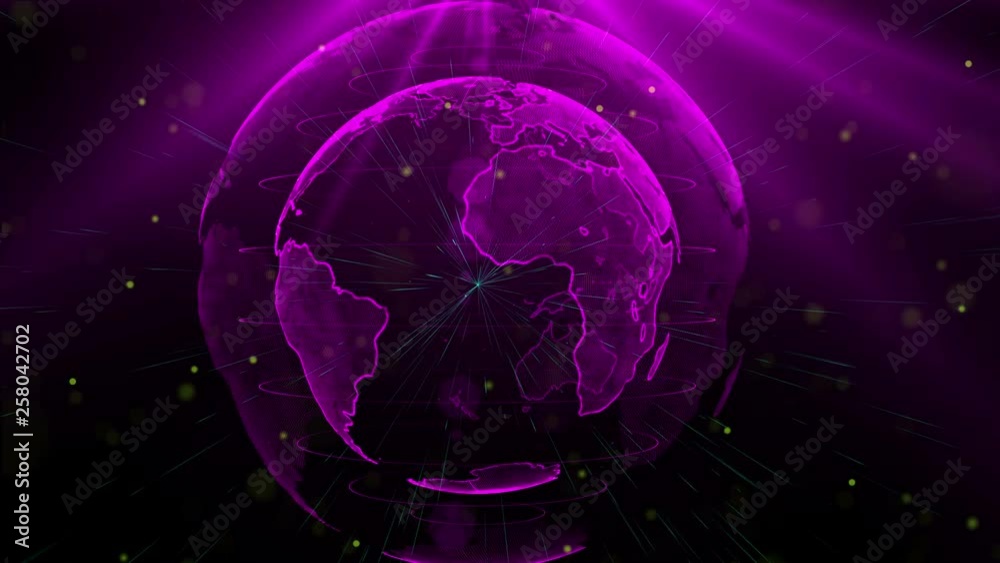 Digital violet planet of Earth. Rotating globe with shining continents. 3D animation with digital Earth and particles. Abstract global business concept. Digital violet planet of Earth. Rotating globe with shining continents. 3D animation with digital Earth and particles. Abstract global business concept.