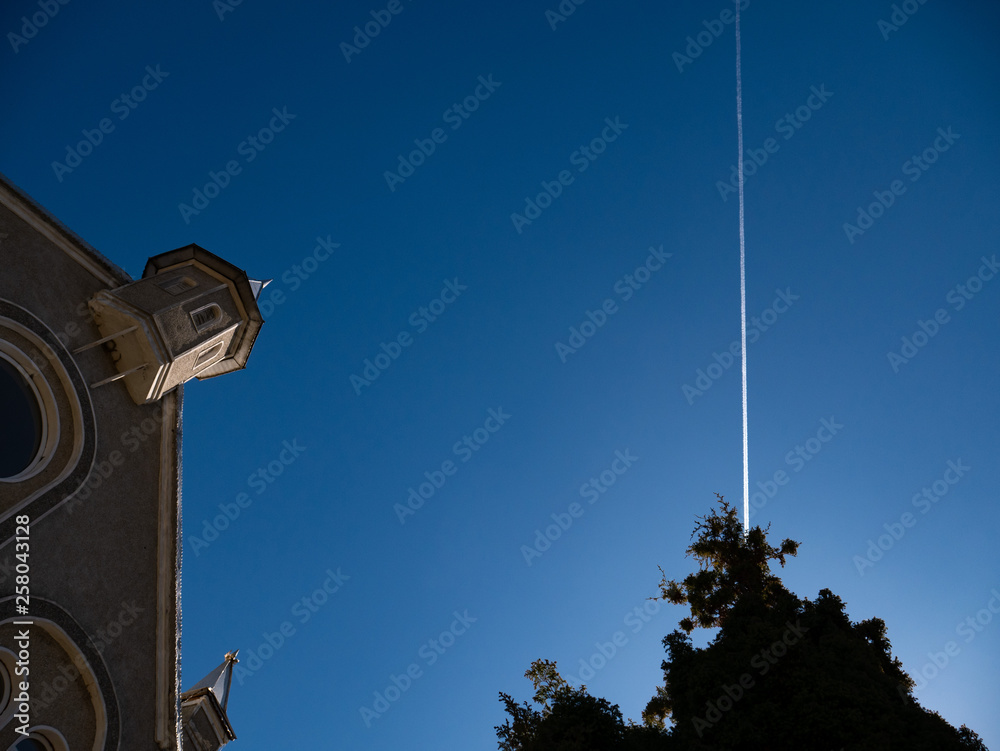 Plane with trails flying hign in sky with pine tree in foreground Plane with trails flying hign in sky with pine tree in foreground